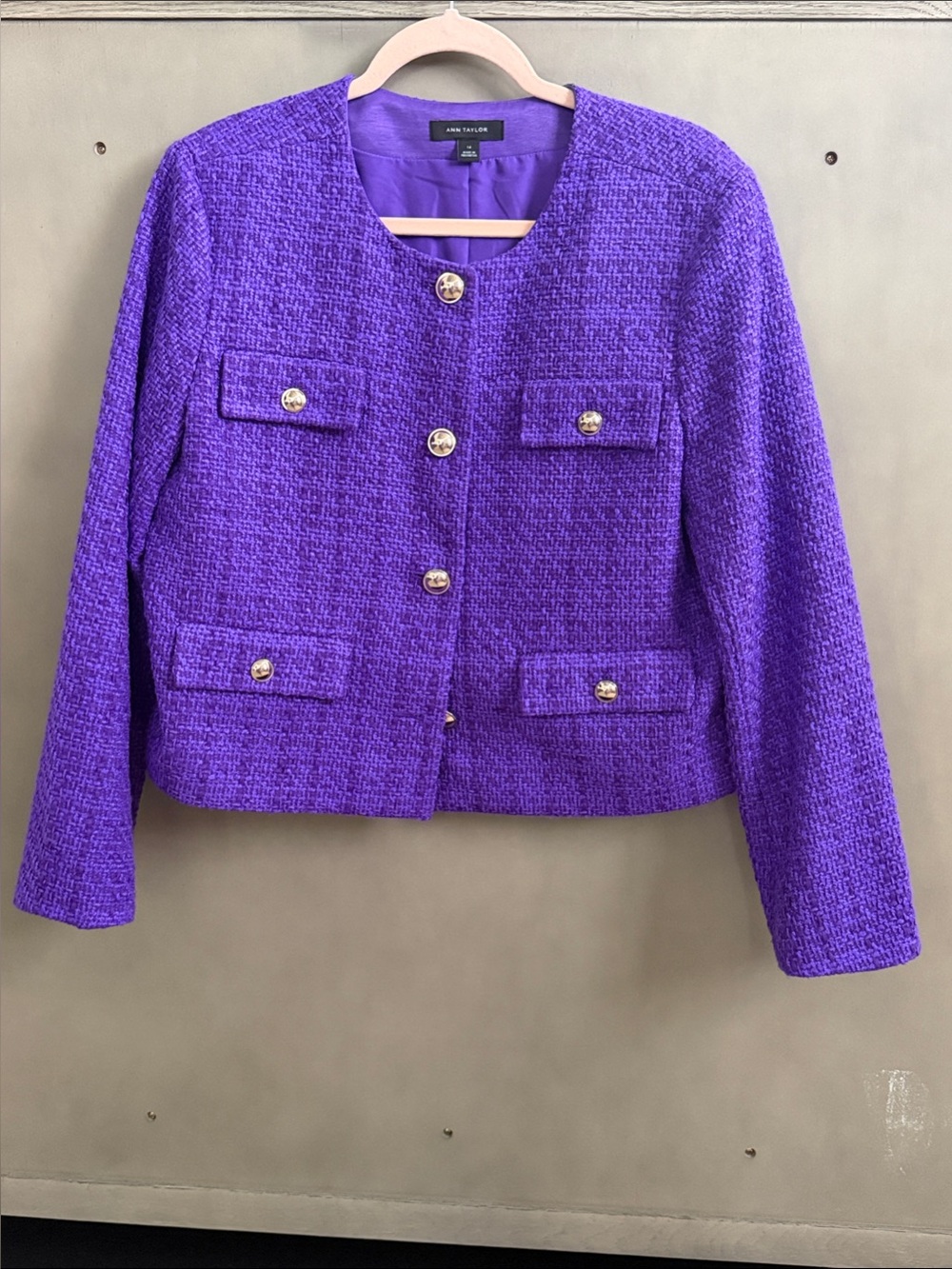 Ann Taylor Purple Tweed Cropped Blazer with Gold Buttons